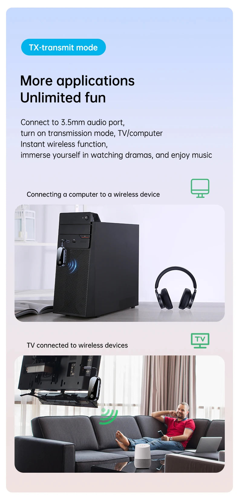2 In 1 Bluetooth 5.4 Audio Transmitter Receiver 3.5mm AUX Jack Airplane Wireless Adapter Mic For TV Car kit Speaker PC Headphone