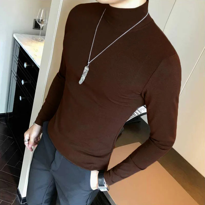 Spring New Men's Turtleneck T-shirt Long Sleeve Slim Fit Solid Color High Elastic Bottoming Pullovers Basic Style Male Tops