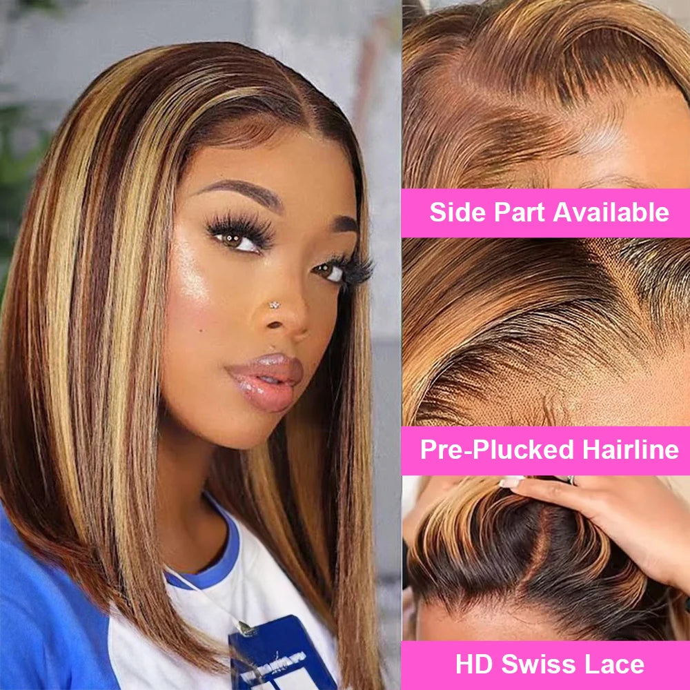 Highlight Wear Go Glueless Human Hair Straight Short Bob Wig P4/27 Colored 7x5 13x4 HD Lace Frontal Glueless Wigs Ready to Wear