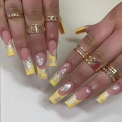 24Pcs Long Square Press on Nails Leopard Print French 3D Cherry Design False Nail Rhinestone Wearable Full Cover Fake Nails Tips