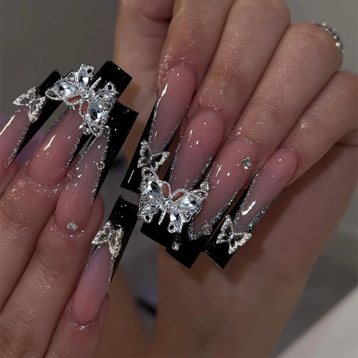 24Pcs Long Square Press on Nails Leopard Print French 3D Cherry Design False Nail Rhinestone Wearable Full Cover Fake Nails Tips