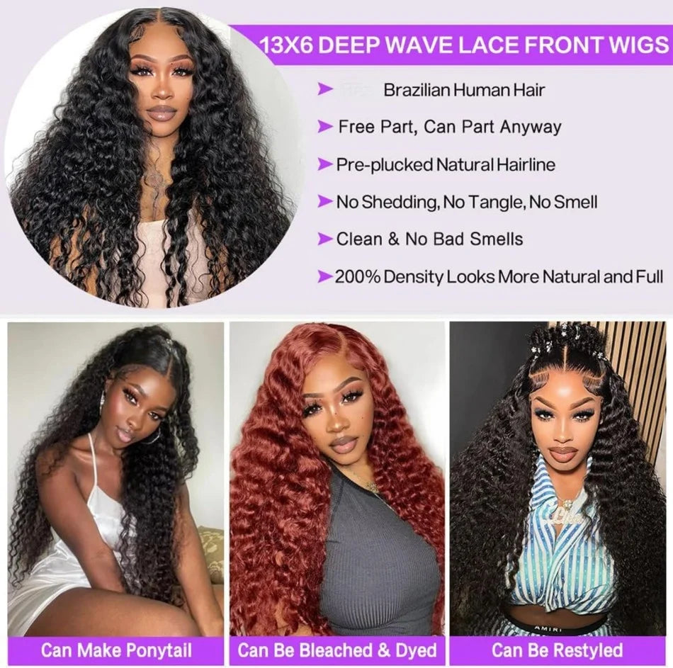 Deep Wave Human Hair Wigs 13X6 Hd Lace Frontal Wig Curly Lace Front Wig 40 Inch 250 Density Brazilian Wig Original Natural Black