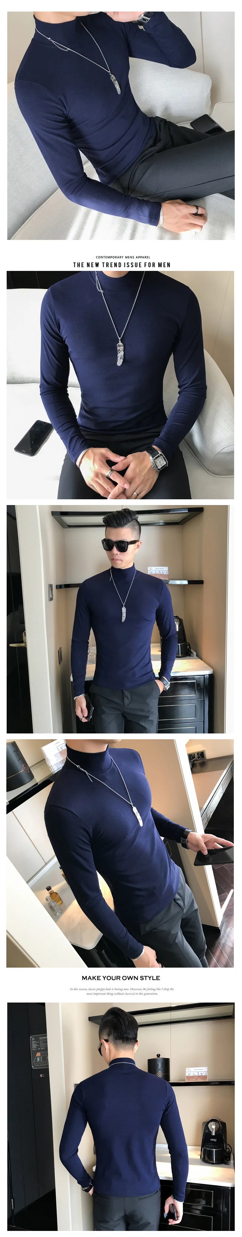 Spring New Men's Turtleneck T-shirt Long Sleeve Slim Fit Solid Color High Elastic Bottoming Pullovers Basic Style Male Tops