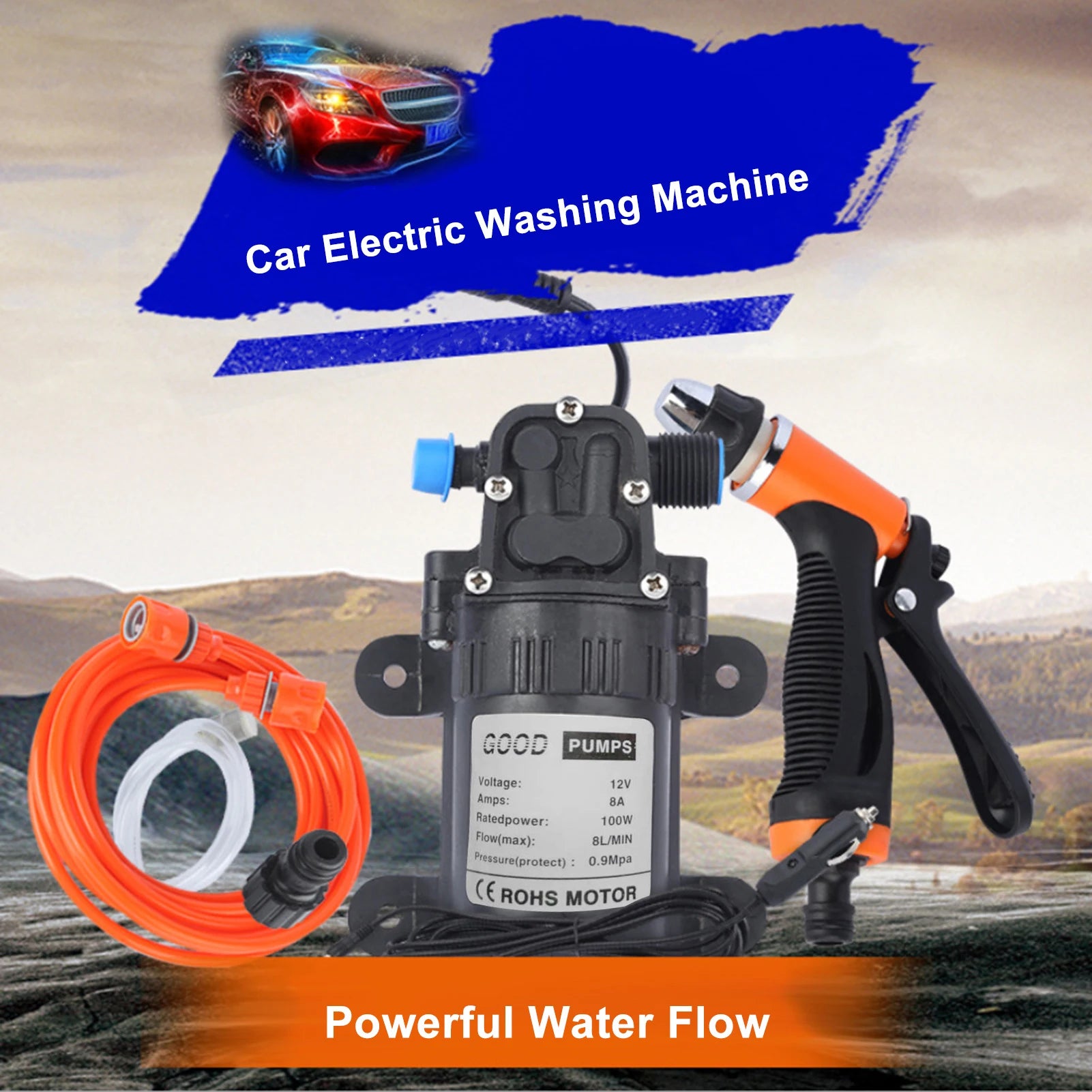 12V Electric High Pressure Car Washing Machine Kit with Wash Sprayer 2 Modes Power Cable And Hoses for Vehicle Cleaning