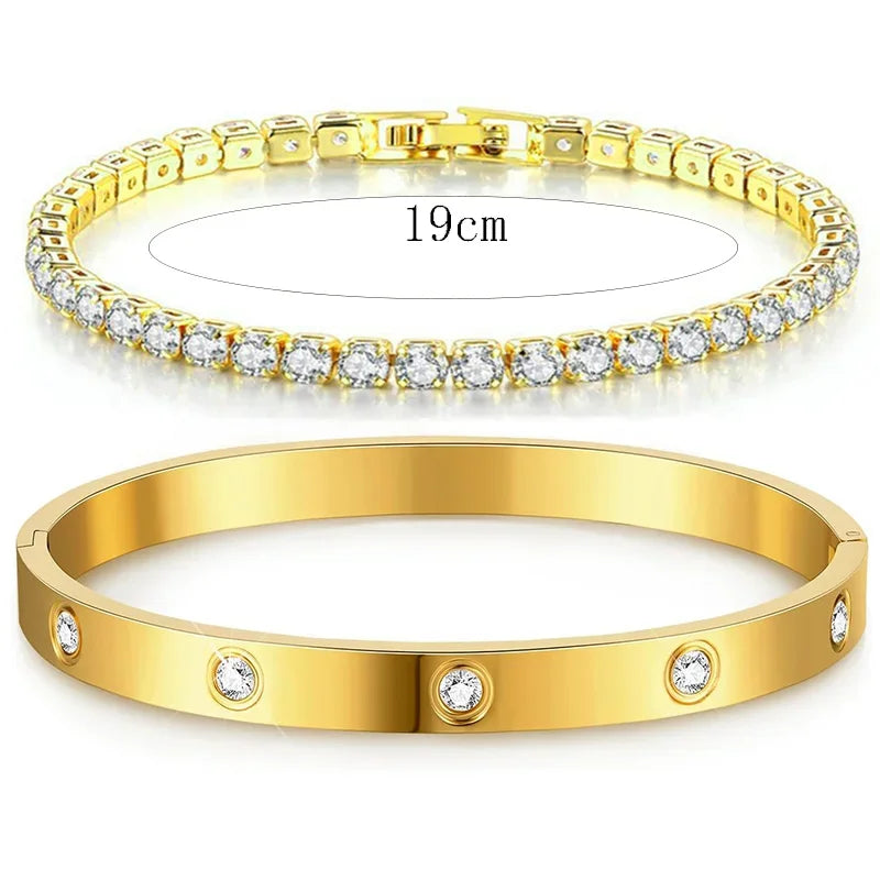 Gold Color Stainless Steel Bracelets for Women Tennis Bracelet Man Couple Matching Bangles Luxury Fashion Jewelry Accessories