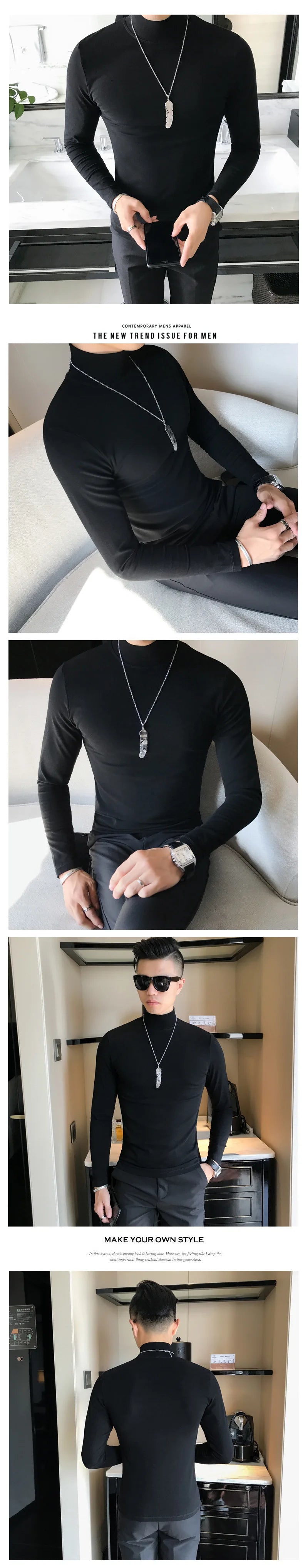 Spring New Men's Turtleneck T-shirt Long Sleeve Slim Fit Solid Color High Elastic Bottoming Pullovers Basic Style Male Tops