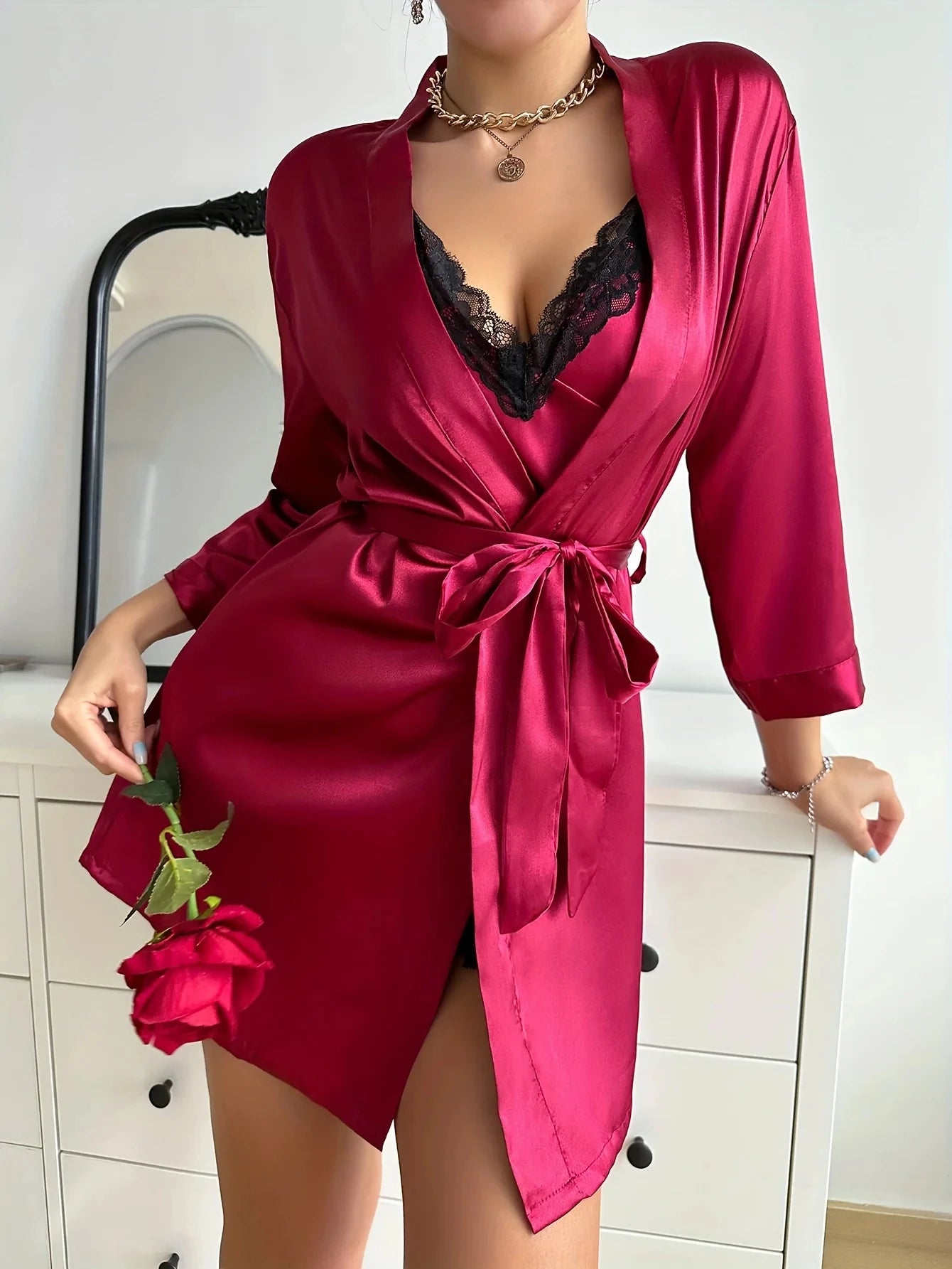 Women's 2-Piece Silky Lace Trim Open Back Camisole & Slit Lounge Set Breathable Sleepwear