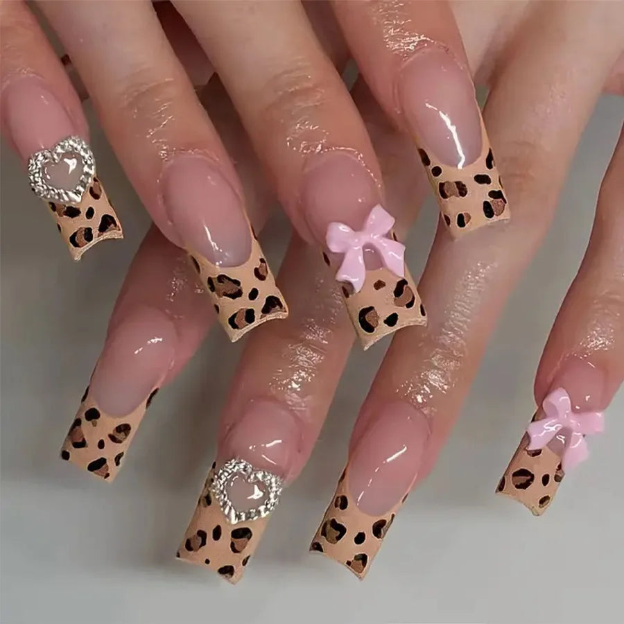 24Pcs Long Square Press on Nails Leopard Print French 3D Cherry Design False Nail Rhinestone Wearable Full Cover Fake Nails Tips
