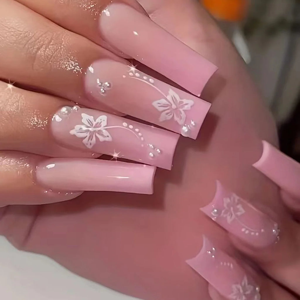 24Pcs Long Square Press on Nails Leopard Print French 3D Cherry Design False Nail Rhinestone Wearable Full Cover Fake Nails Tips