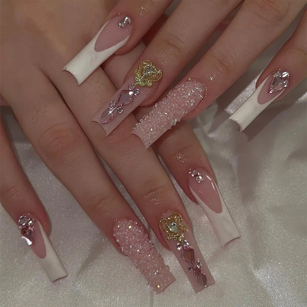 24Pcs Long Square Press on Nails Leopard Print French 3D Cherry Design False Nail Rhinestone Wearable Full Cover Fake Nails Tips