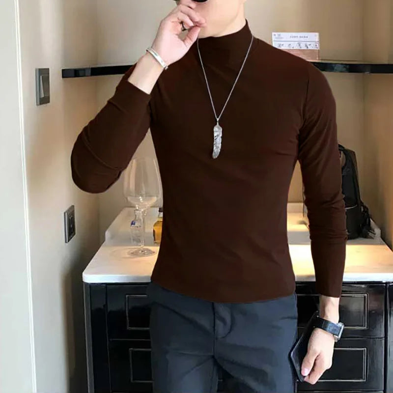 Spring New Men's Turtleneck T-shirt Long Sleeve Slim Fit Solid Color High Elastic Bottoming Pullovers Basic Style Male Tops