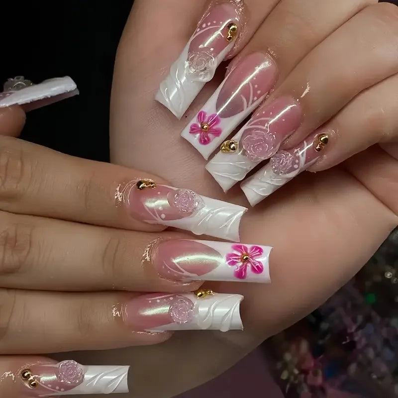 24Pcs Long Square Press on Nails Leopard Print French 3D Cherry Design False Nail Rhinestone Wearable Full Cover Fake Nails Tips