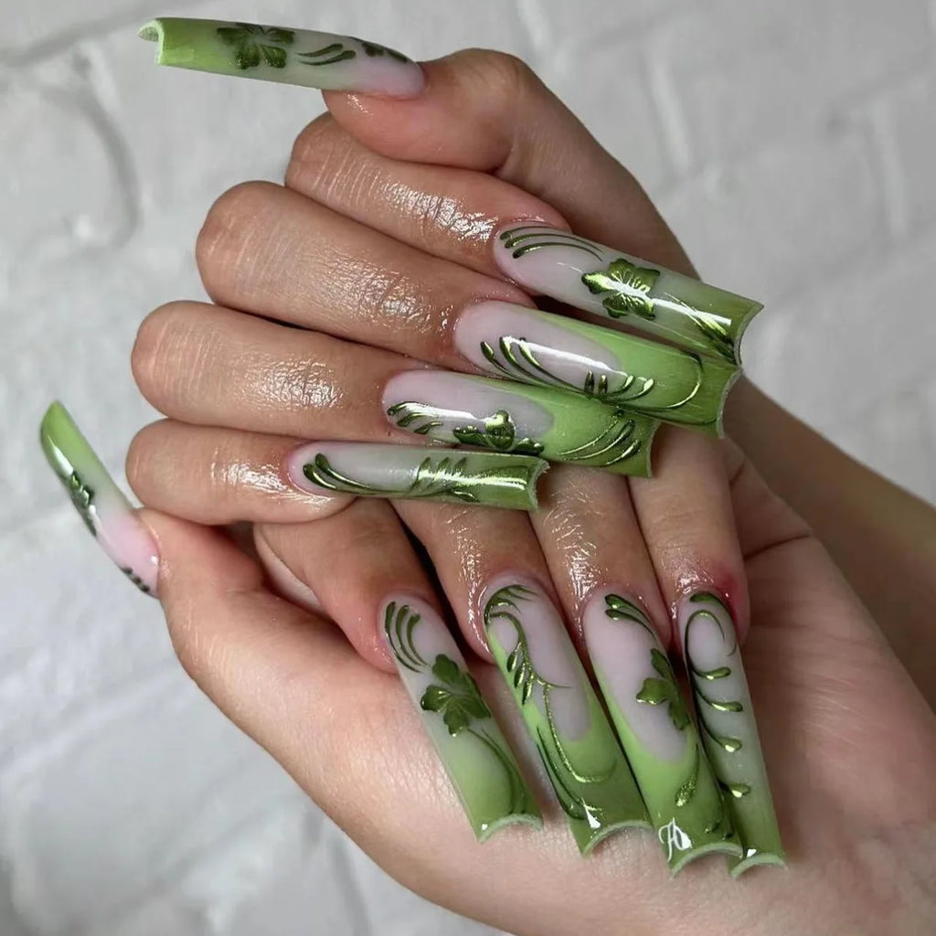 24Pcs Long Square Press on Nails Leopard Print French 3D Cherry Design False Nail Rhinestone Wearable Full Cover Fake Nails Tips