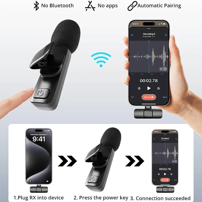 Wireless Lavalier Lapel Microphone Mini Video Recording Mic for iPhone iPad Interview Video Podcast Vlog with Noise Reduction