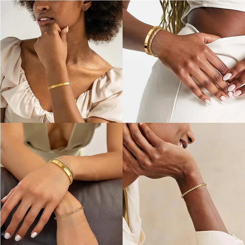 Gold Color Stainless Steel Bracelets for Women Tennis Bracelet Man Couple Matching Bangles Luxury Fashion Jewelry Accessories