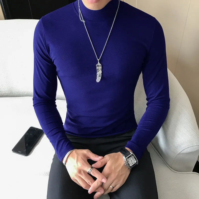 Spring New Men's Turtleneck T-shirt Long Sleeve Slim Fit Solid Color High Elastic Bottoming Pullovers Basic Style Male Tops