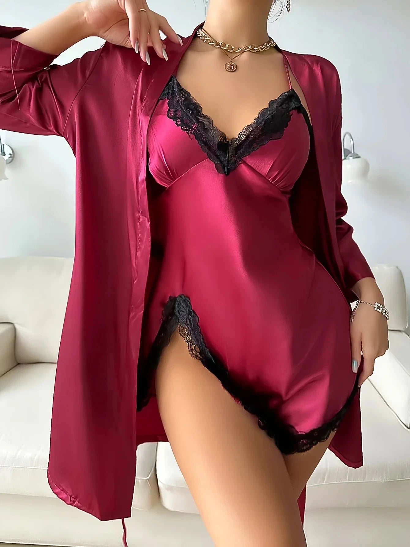 Women's 2-Piece Silky Lace Trim Open Back Camisole & Slit Lounge Set Breathable Sleepwear