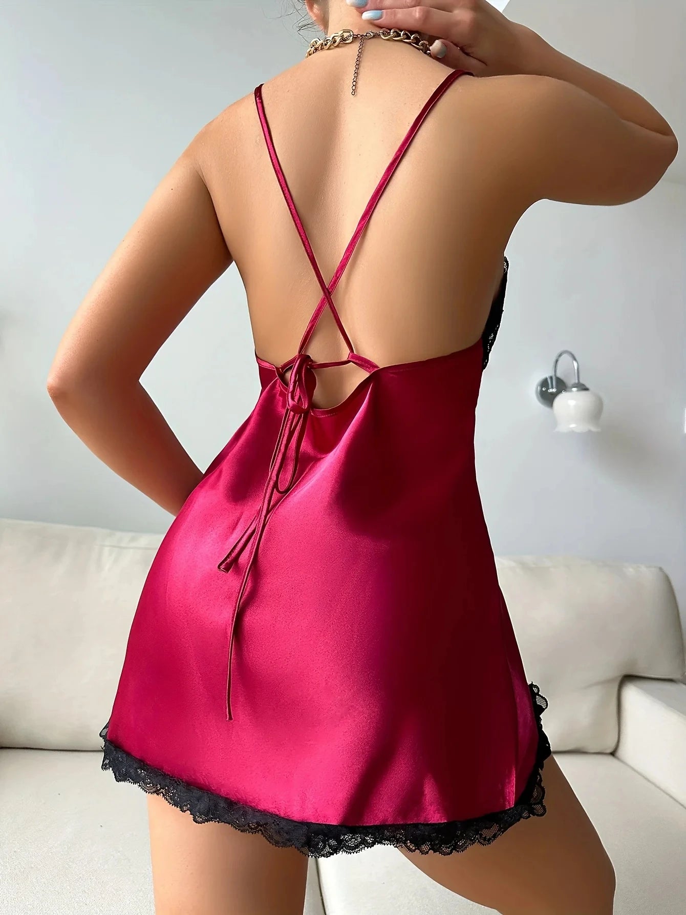 Women's 2-Piece Silky Lace Trim Open Back Camisole & Slit Lounge Set Breathable Sleepwear