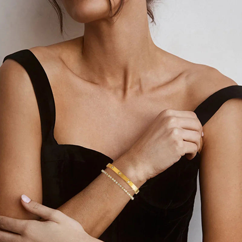 Gold Color Stainless Steel Bracelets for Women Tennis Bracelet Man Couple Matching Bangles Luxury Fashion Jewelry Accessories