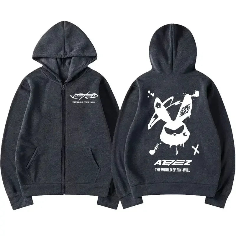 Ateez The World Ep. Fin Will Album Tour 2024 Zipper Hoodies Men Women Korean Fashion Zip Up Sweatshirt Casual Jacket Hoodie Tops