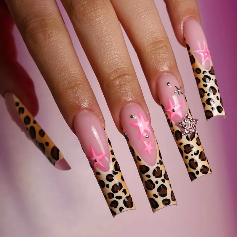 24Pcs Long Square Press on Nails Leopard Print French 3D Cherry Design False Nail Rhinestone Wearable Full Cover Fake Nails Tips