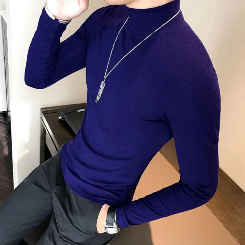 Spring New Men's Turtleneck T-shirt Long Sleeve Slim Fit Solid Color High Elastic Bottoming Pullovers Basic Style Male Tops