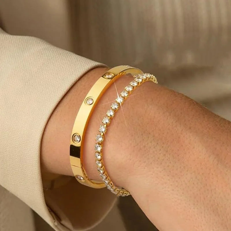 Gold Color Stainless Steel Bracelets for Women Tennis Bracelet Man Couple Matching Bangles Luxury Fashion Jewelry Accessories
