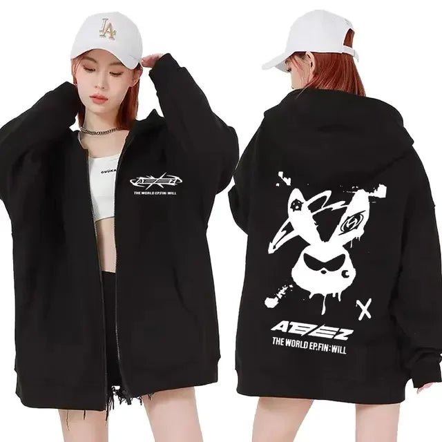 Ateez The World Ep. Fin Will Album Tour 2024 Zipper Hoodies Men Women Korean Fashion Zip Up Sweatshirt Casual Jacket Hoodie Tops