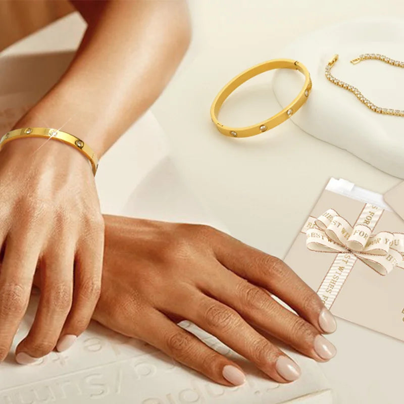 Gold Color Stainless Steel Bracelets for Women Tennis Bracelet Man Couple Matching Bangles Luxury Fashion Jewelry Accessories