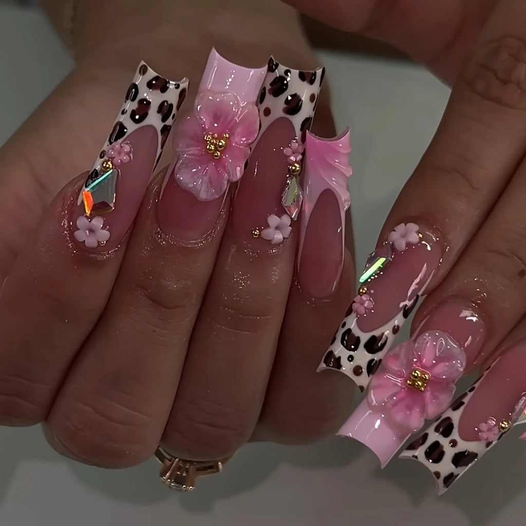 24Pcs Long Square Press on Nails Leopard Print French 3D Cherry Design False Nail Rhinestone Wearable Full Cover Fake Nails Tips