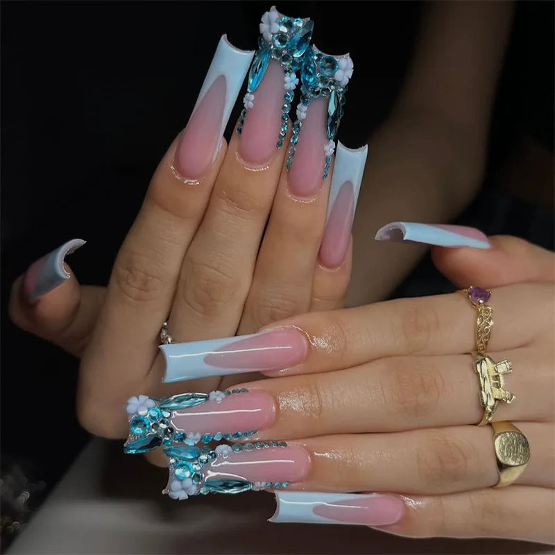 24Pcs Long Square Press on Nails Leopard Print French 3D Cherry Design False Nail Rhinestone Wearable Full Cover Fake Nails Tips