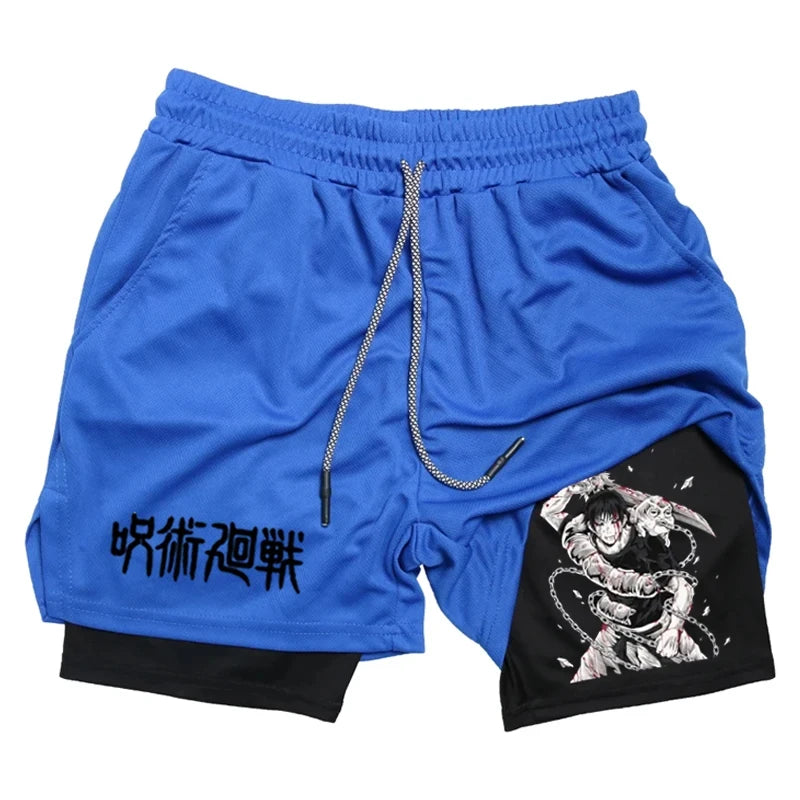 Anime Performance Shorts Toji Printed Men GYM Casual Sports Shorts Workout Running Mesh 2 In 1 Sport Short Pants