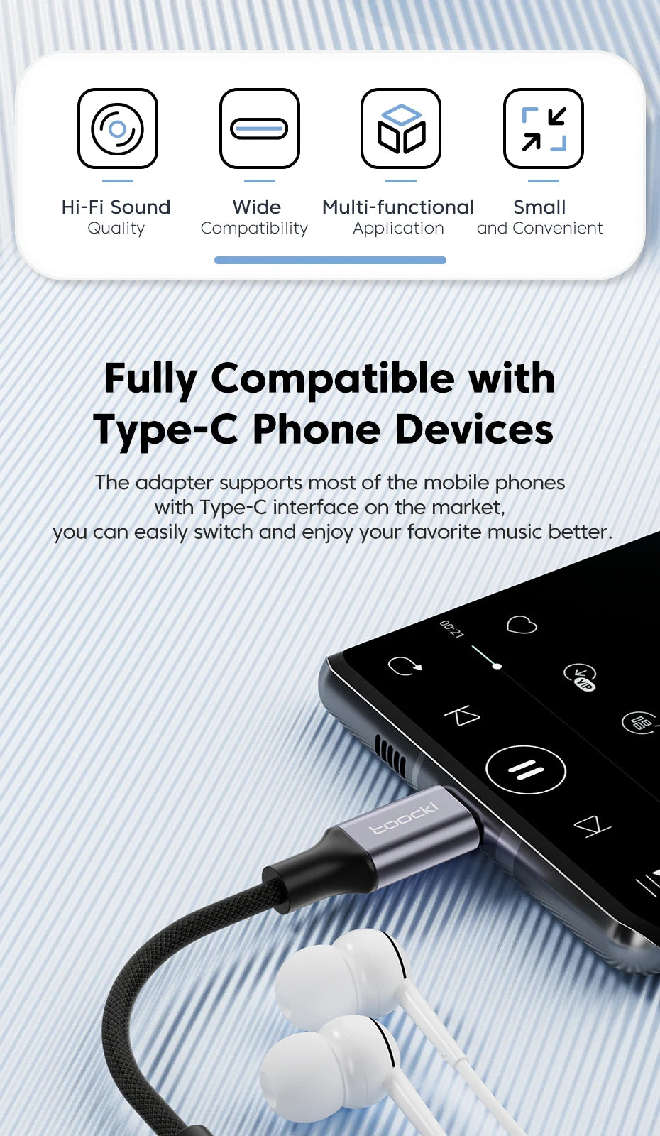 Toocki USB Type C 3.5 Jack Earphone Adapter USB C to 3.5mm Headphones AUX Audio Cable For Huawei P30 Xiaomi Mi 10 9 Es