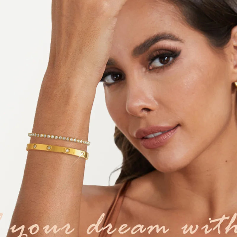 Gold Color Stainless Steel Bracelets for Women Tennis Bracelet Man Couple Matching Bangles Luxury Fashion Jewelry Accessories