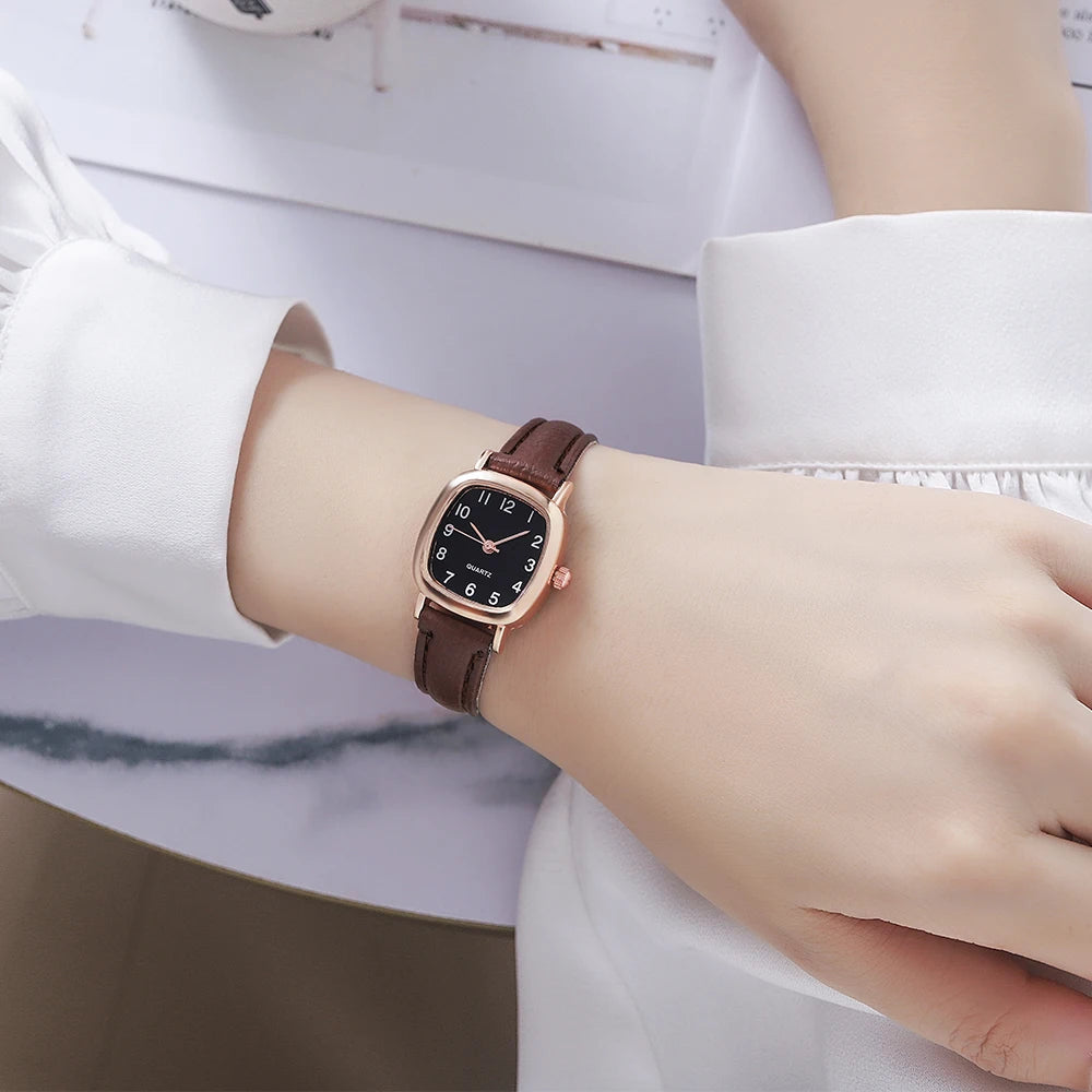 Women's Watch Fashion Small Arabic Quartz Watches Leather Band Wristwatches