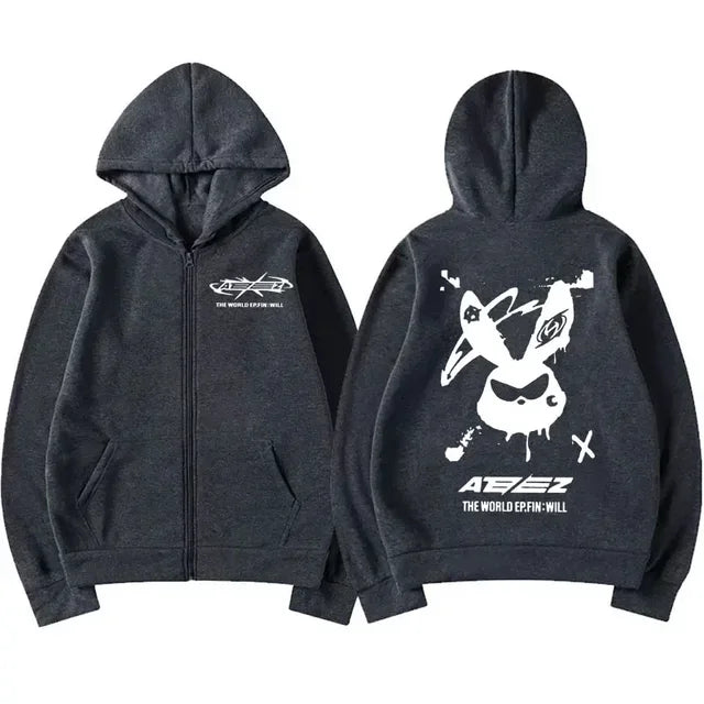 Ateez The World Ep. Fin Will Album Tour 2024 Zipper Hoodies Men Women Korean Fashion Zip Up Sweatshirt Casual Jacket Hoodie Tops