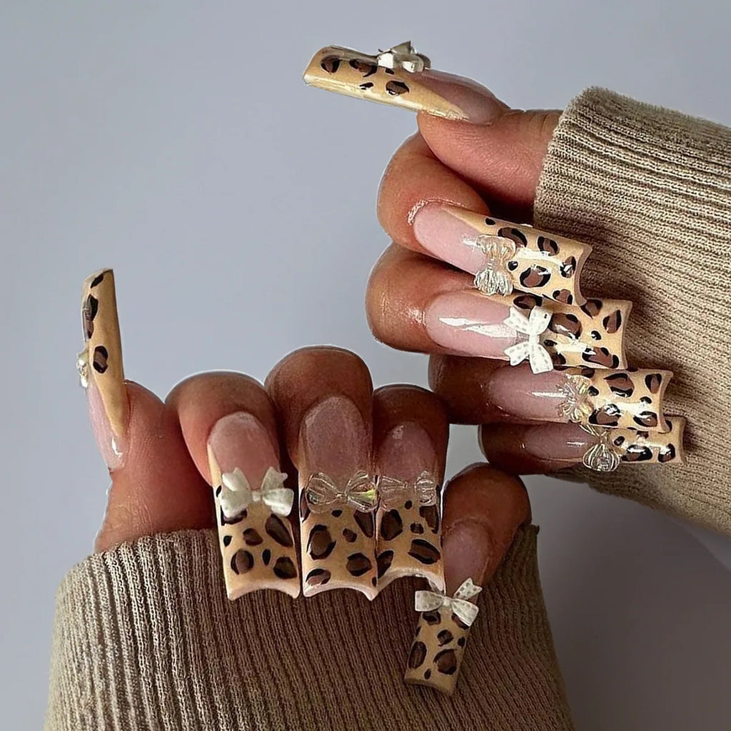 24Pcs Long Square Press on Nails Leopard Print French 3D Cherry Design False Nail Rhinestone Wearable Full Cover Fake Nails Tips
