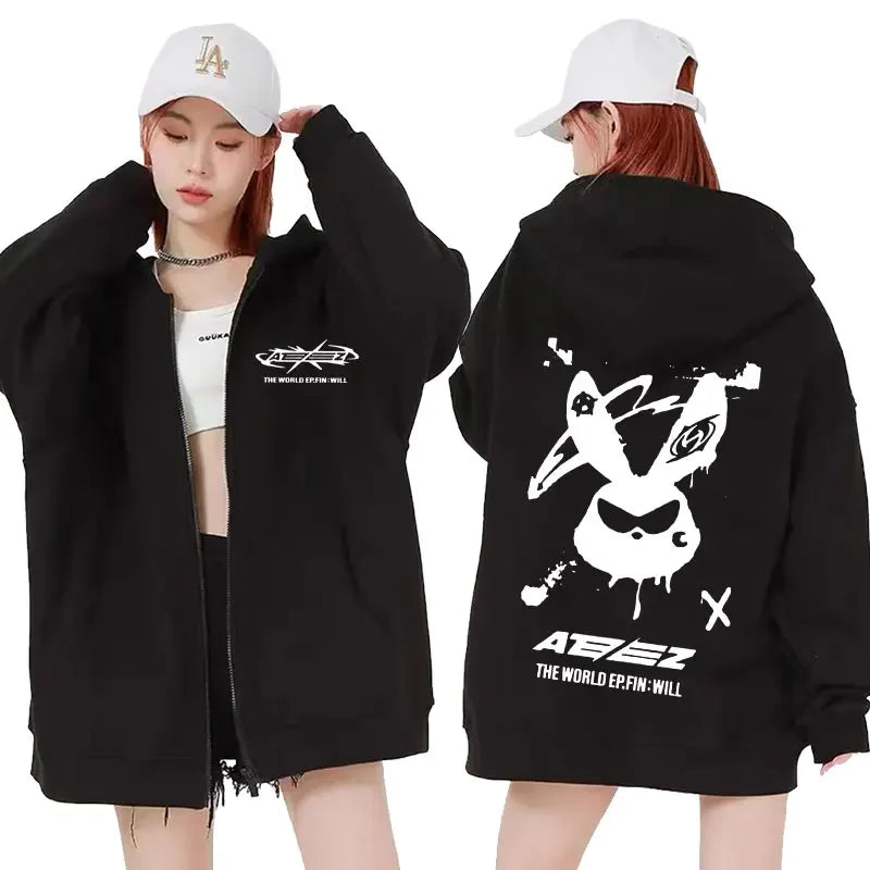 Ateez The World Ep. Fin Will Album Tour 2024 Zipper Hoodies Men Women Korean Fashion Zip Up Sweatshirt Casual Jacket Hoodie Tops