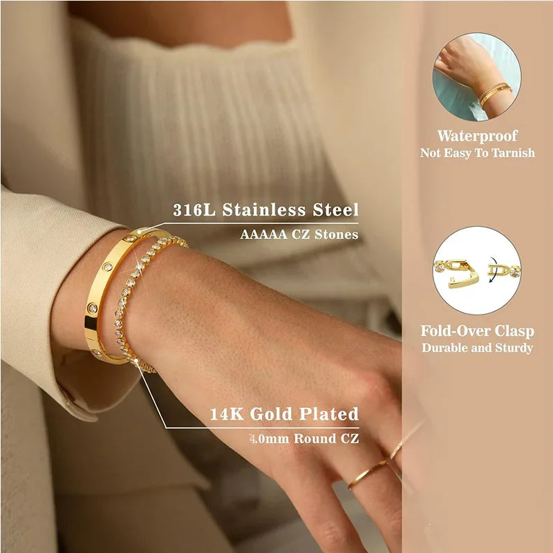 Gold Color Stainless Steel Bracelets for Women Tennis Bracelet Man Couple Matching Bangles Luxury Fashion Jewelry Accessories