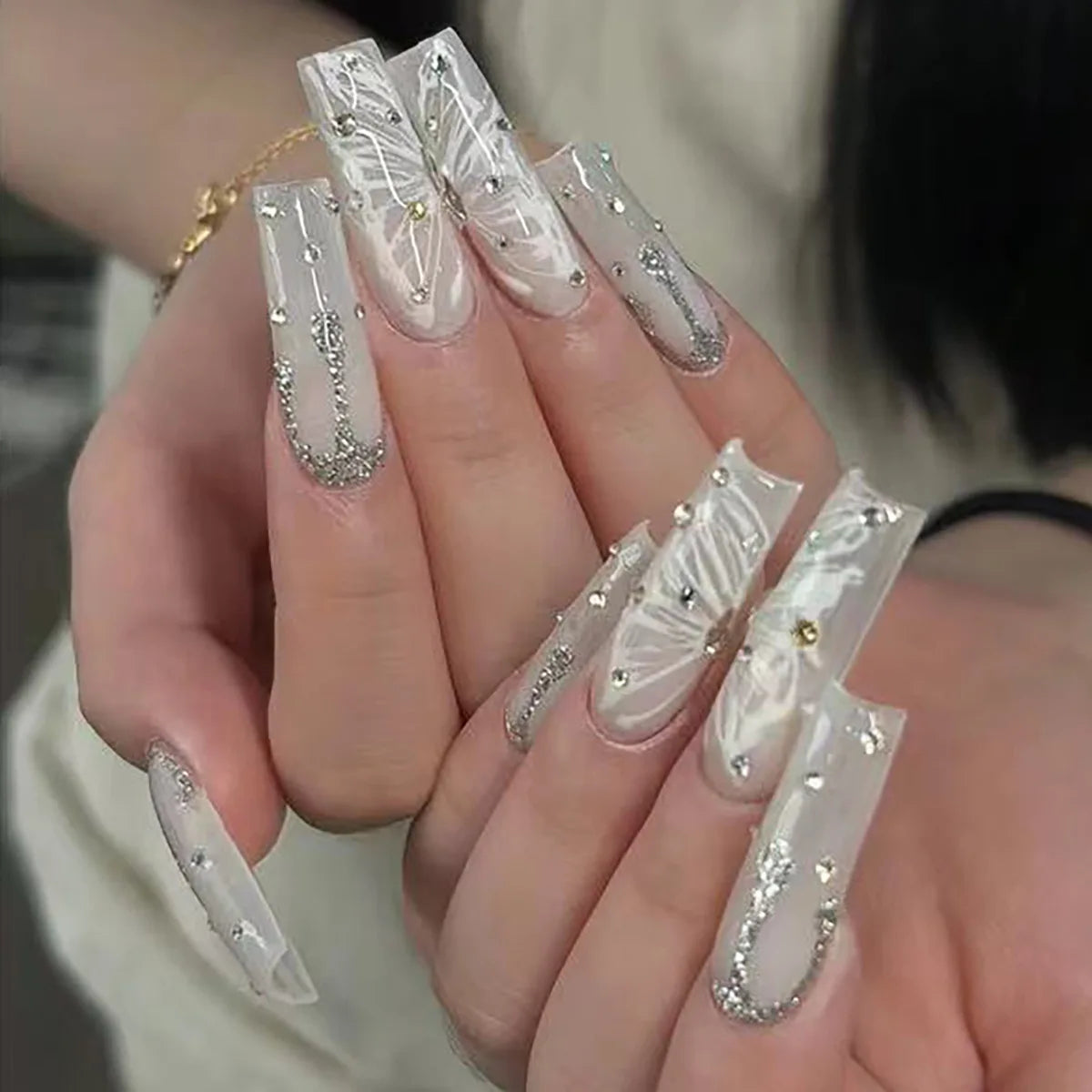 24Pcs Long Square Press on Nails Leopard Print French 3D Cherry Design False Nail Rhinestone Wearable Full Cover Fake Nails Tips