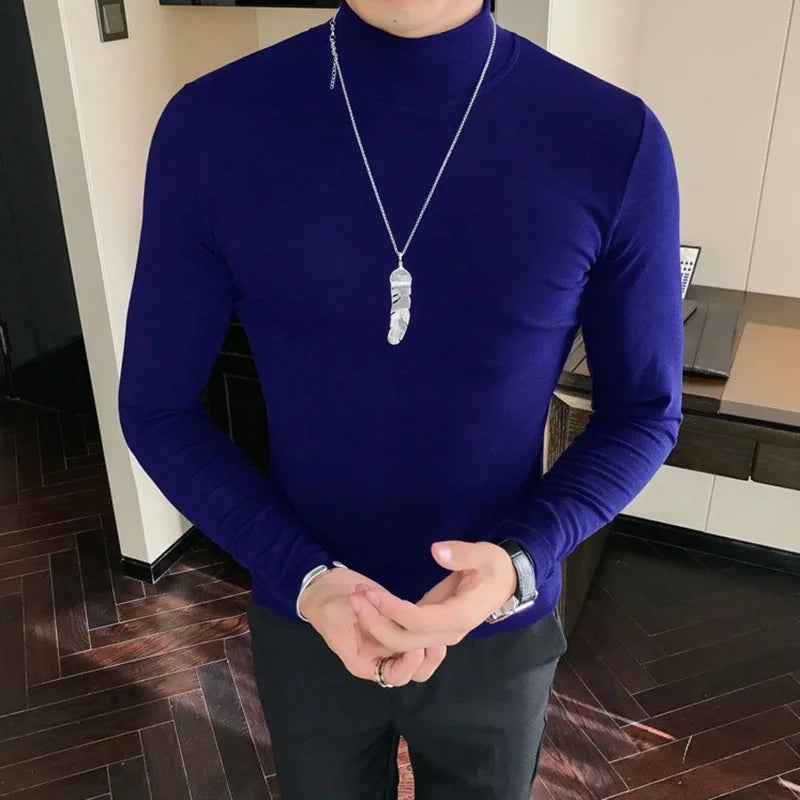 Spring New Men's Turtleneck T-shirt Long Sleeve Slim Fit Solid Color High Elastic Bottoming Pullovers Basic Style Male Tops