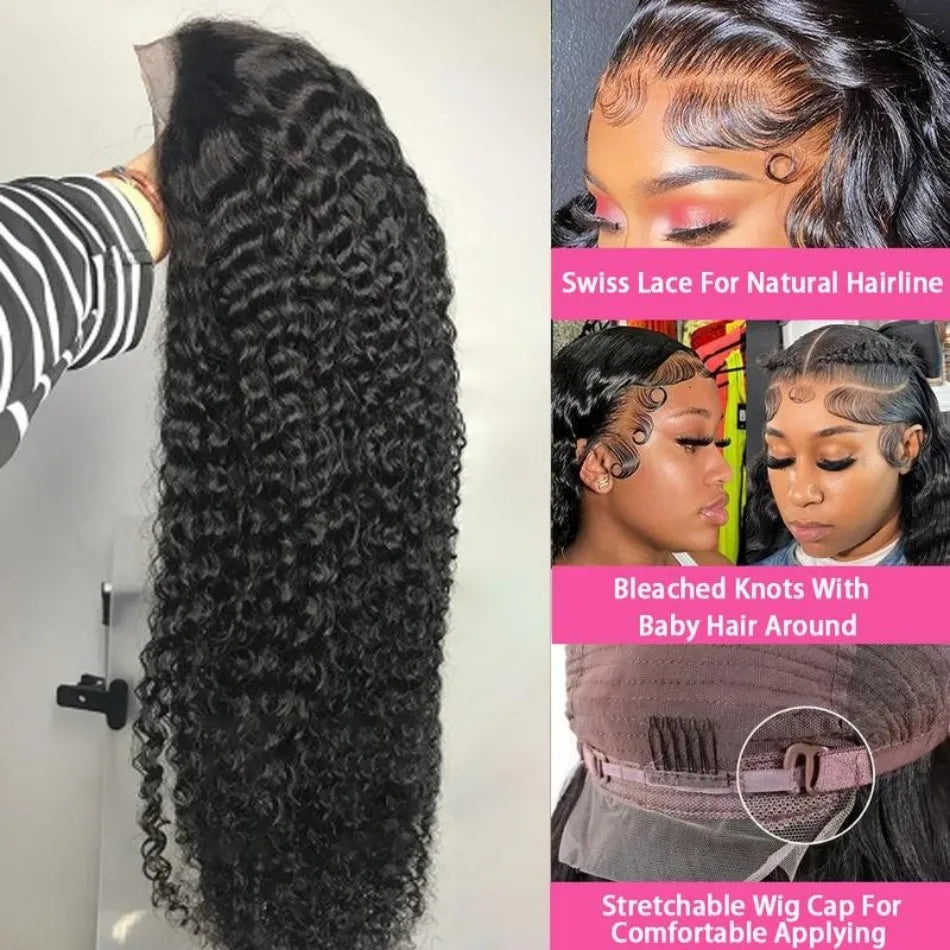 Deep Wave Human Hair Wigs 13X6 Hd Lace Frontal Wig Curly Lace Front Wig 40 Inch 250 Density Brazilian Wig Original Natural Black