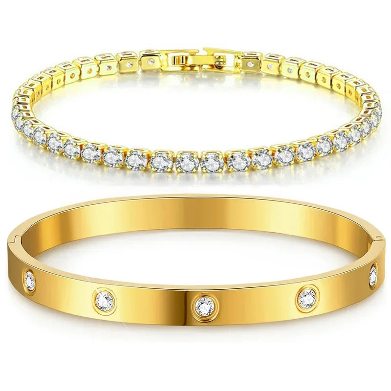 Gold Color Stainless Steel Bracelets for Women Tennis Bracelet Man Couple Matching Bangles Luxury Fashion Jewelry Accessories