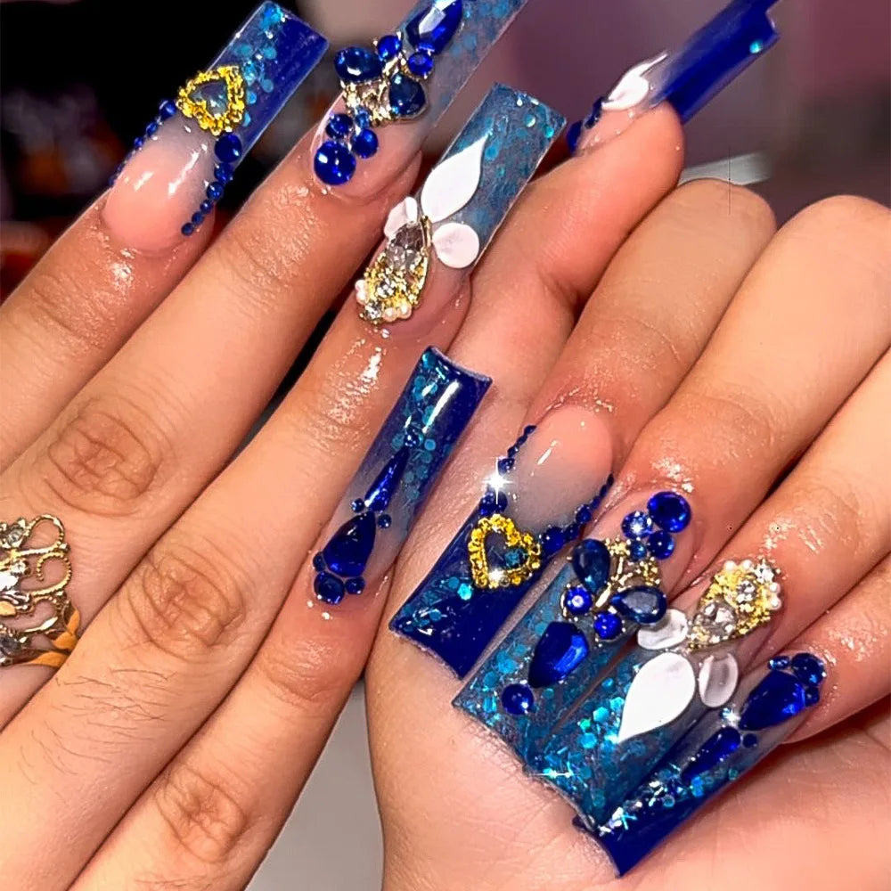 24Pcs Long Square Press on Nails Leopard Print French 3D Cherry Design False Nail Rhinestone Wearable Full Cover Fake Nails Tips