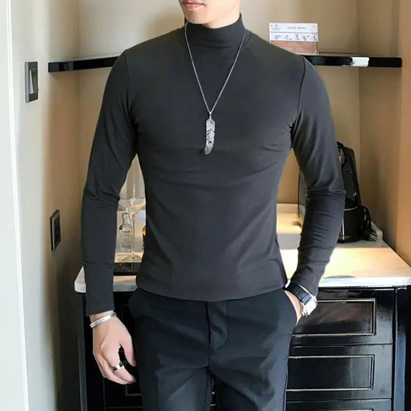 Spring New Men's Turtleneck T-shirt Long Sleeve Slim Fit Solid Color High Elastic Bottoming Pullovers Basic Style Male Tops